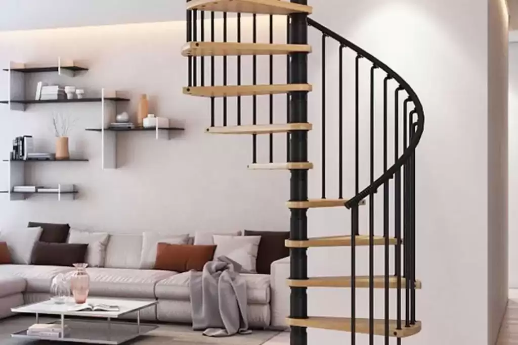 Indoor stairs and railing display with modern ironwork samples.