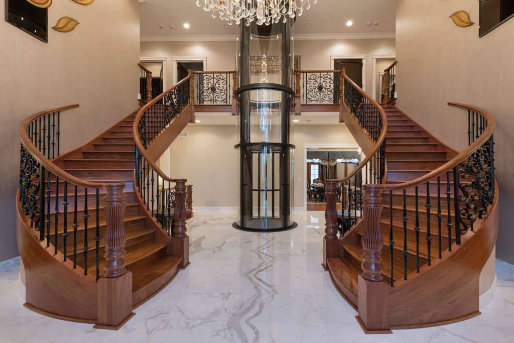 Indoor stairs and railing with oak accents in Delaware.